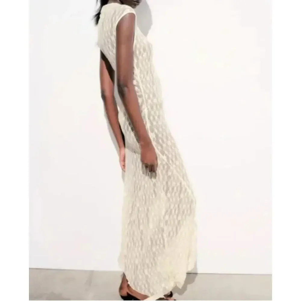 Zara Long Asymmetric Lace Dress Ivory 4813/303 Size S - Picture 5 of 12